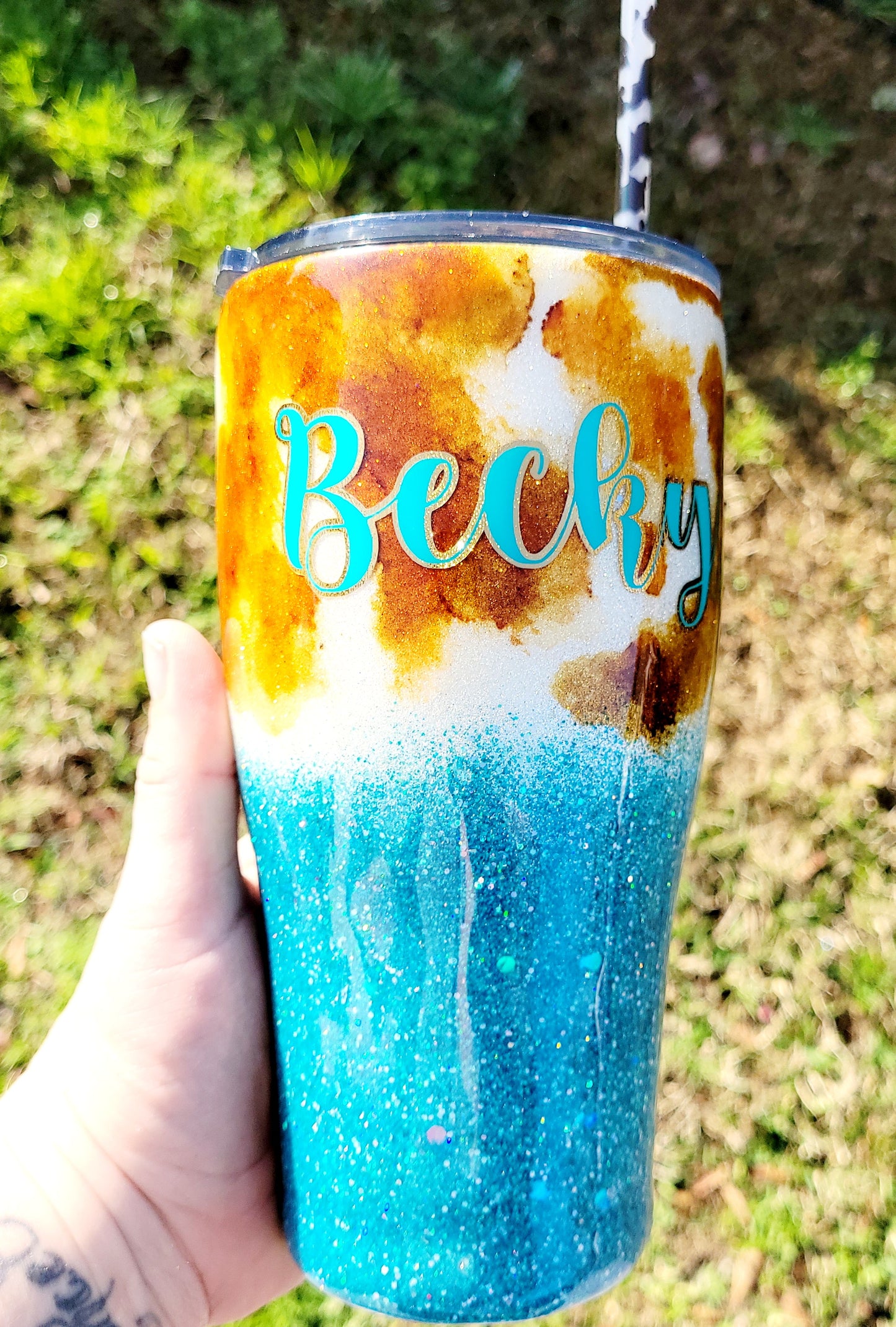 Cow print glitter tumbler