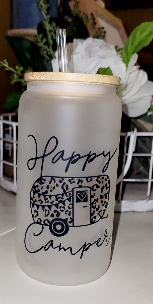 Happy camper glass can